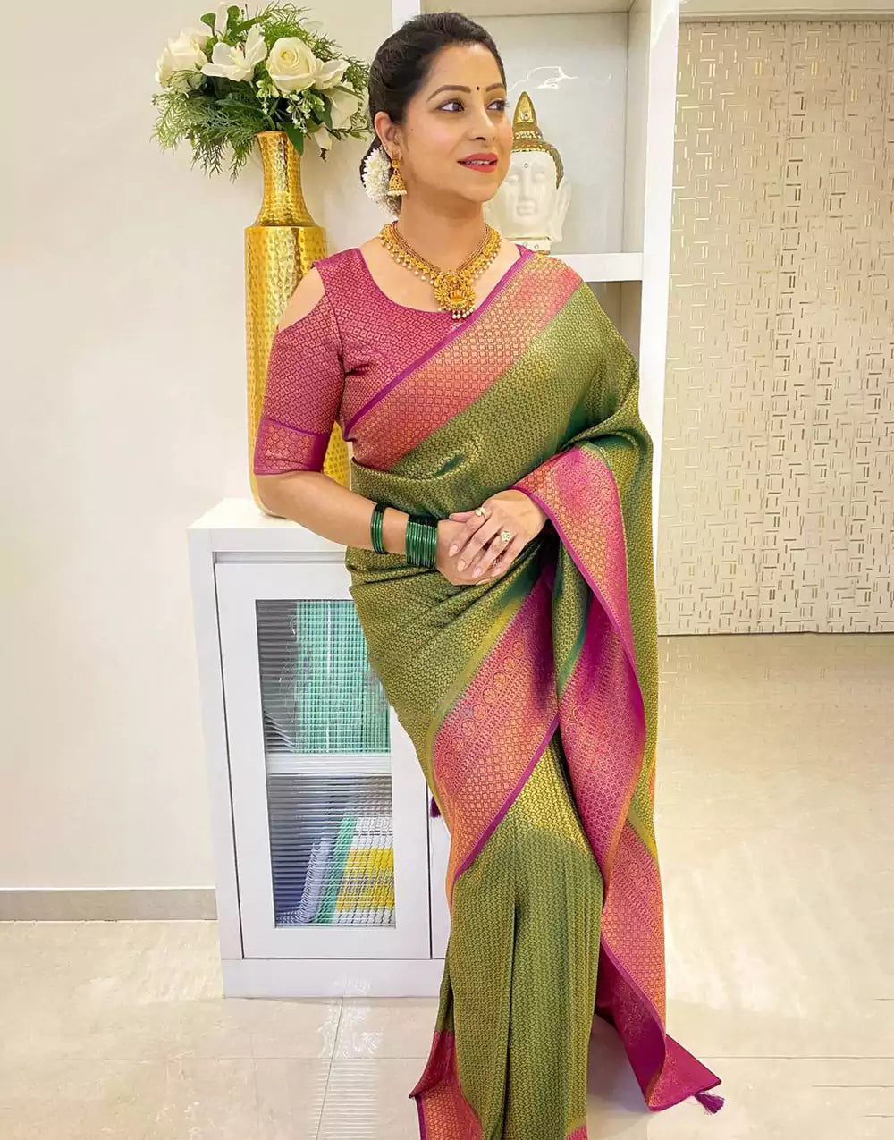 Green Colour Banarasi Soft Silk Saree With Pink Blouse