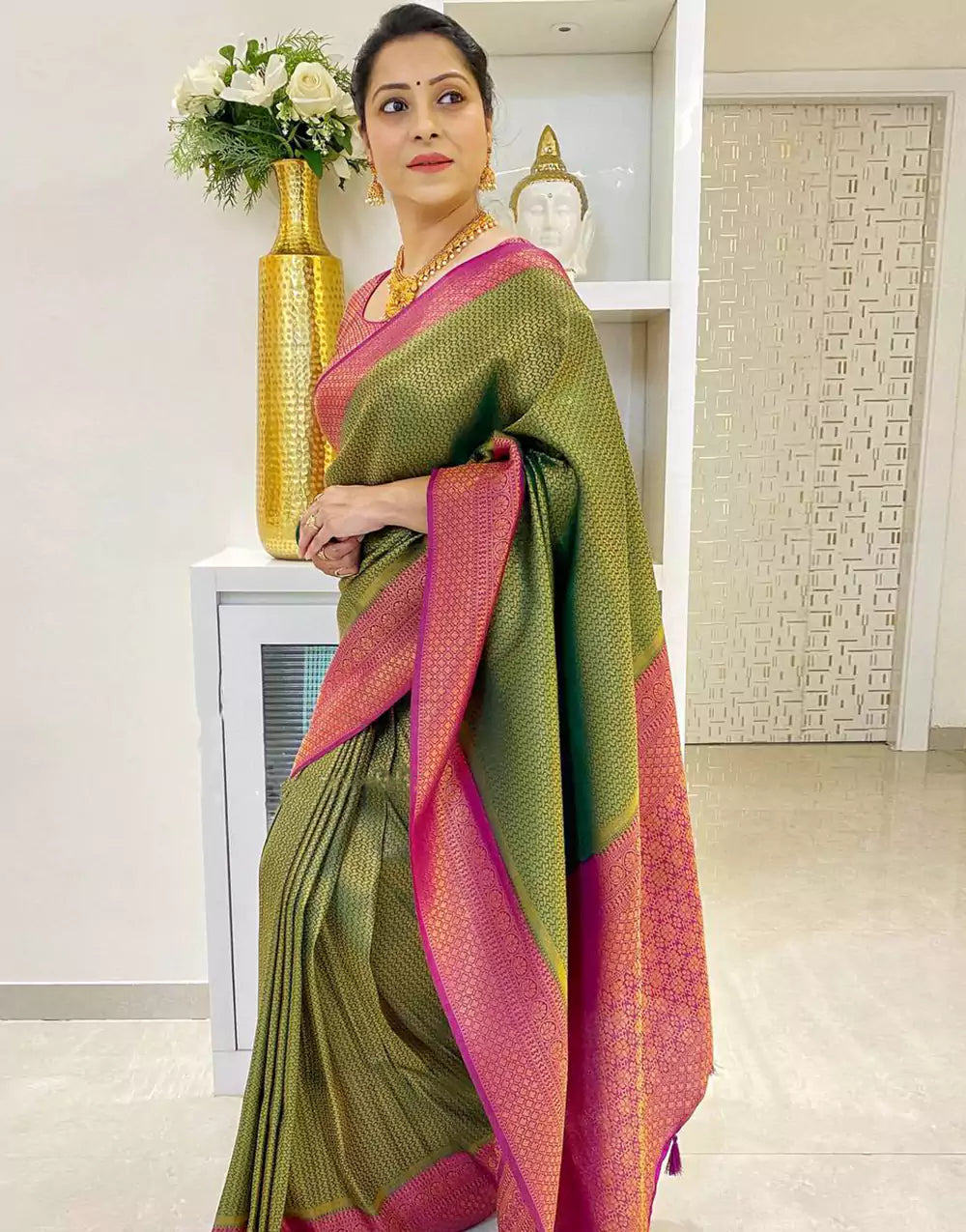 Green Colour Banarasi Soft Silk Saree With Pink Blouse