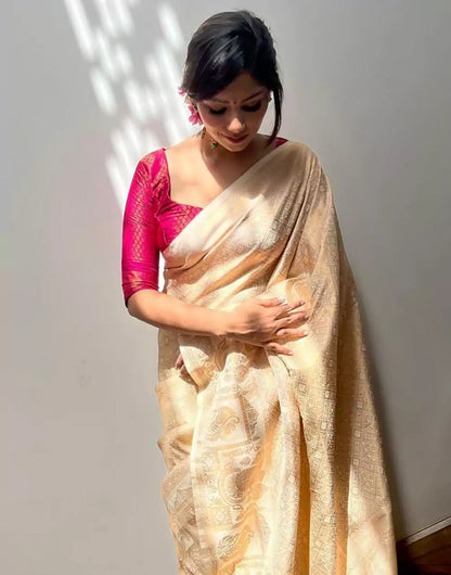 Cream Colour Banarasi Soft Silk Saree With Pink Blouse