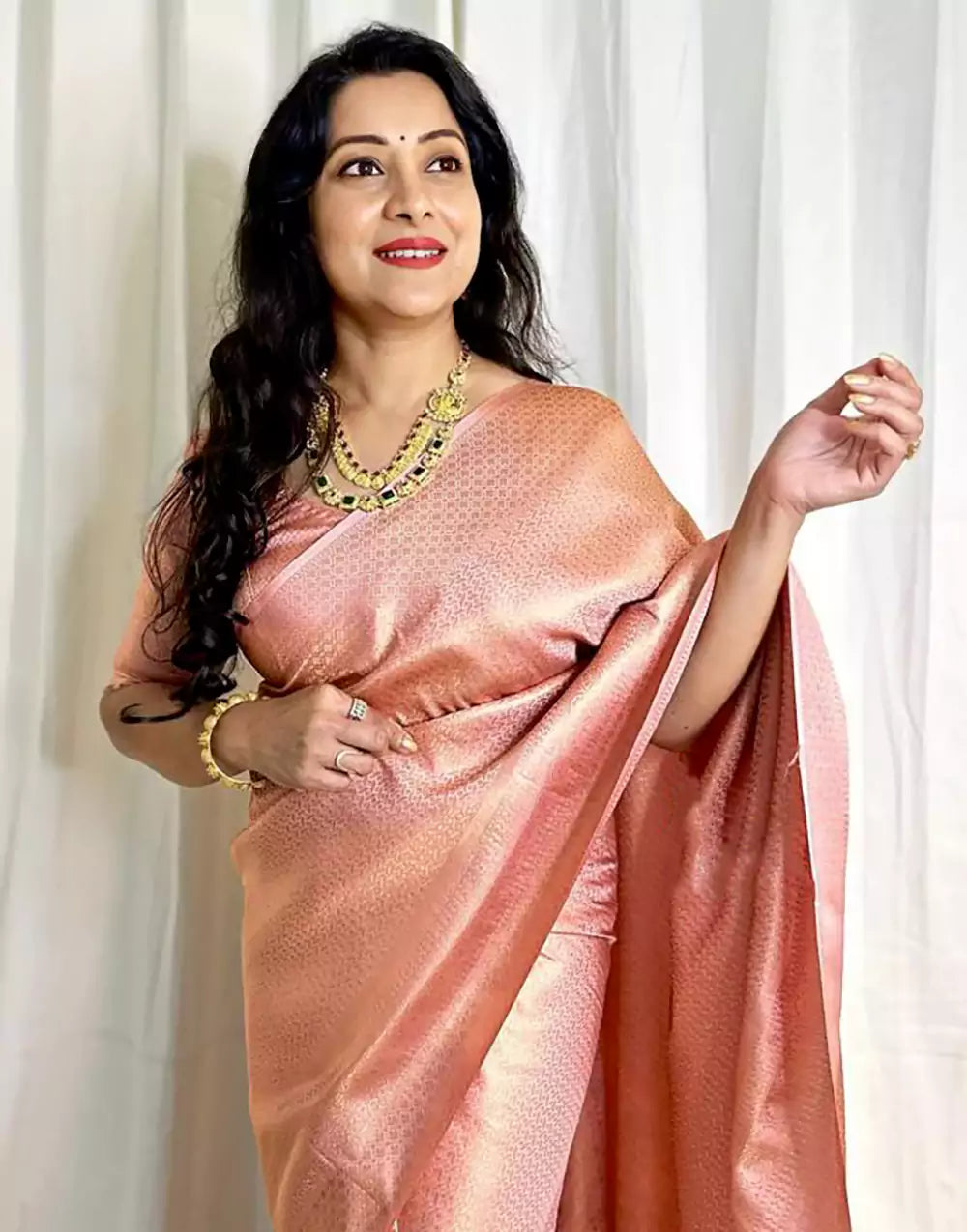 Peach Colour Banarasi Soft Silk Saree With Blouse