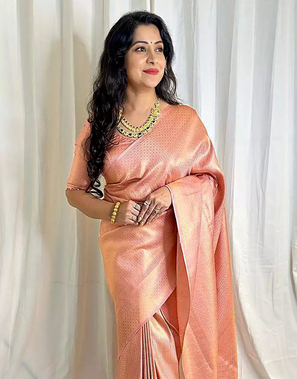 Peach Colour Banarasi Soft Silk Saree With Blouse