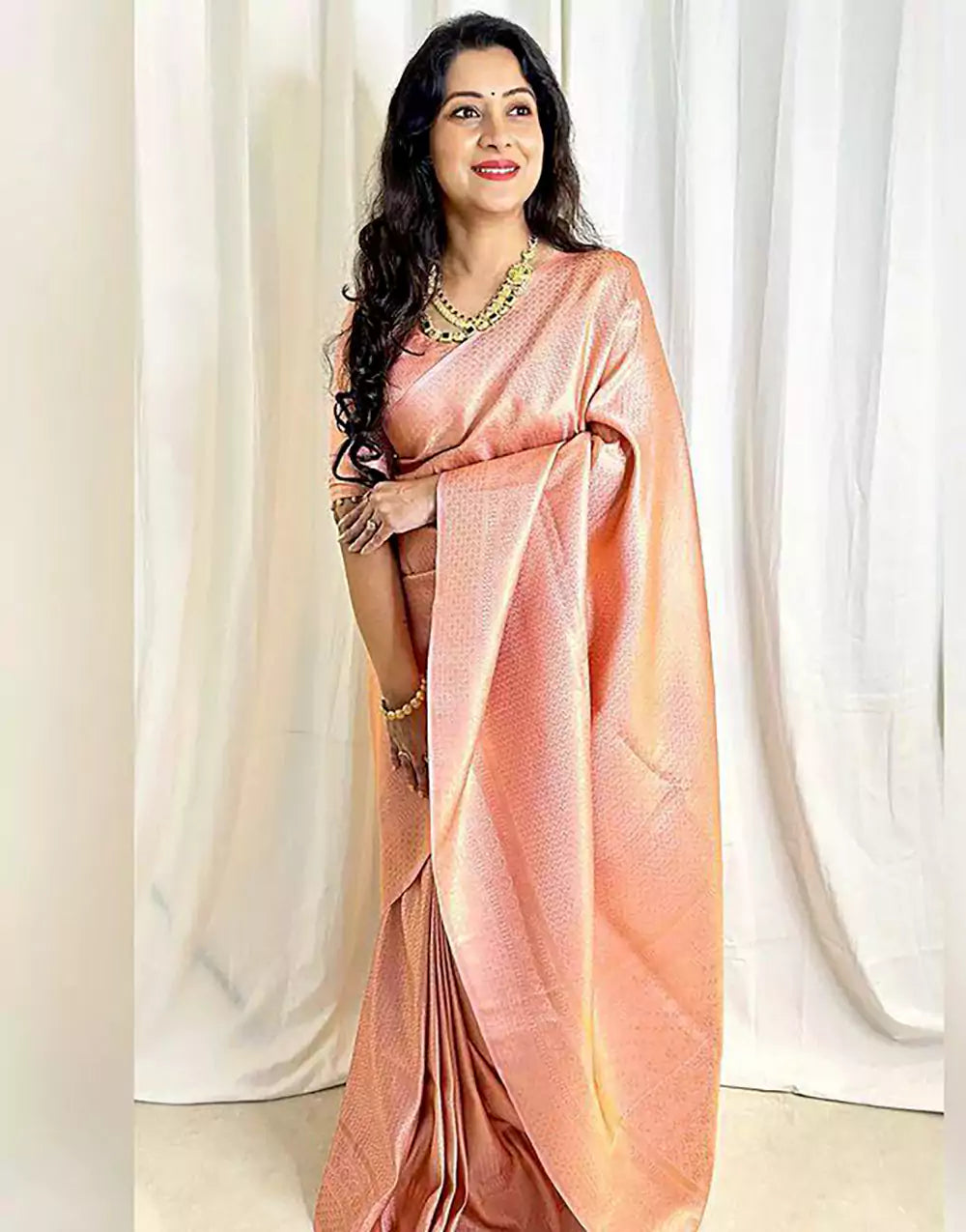 Peach Colour Banarasi Soft Silk Saree With Blouse