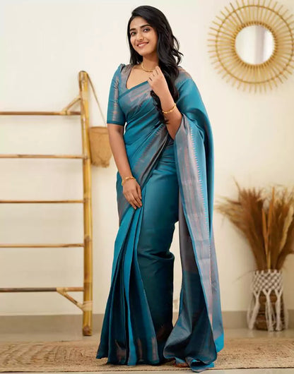 Firozi Colour Banarasi Soft Silk Saree