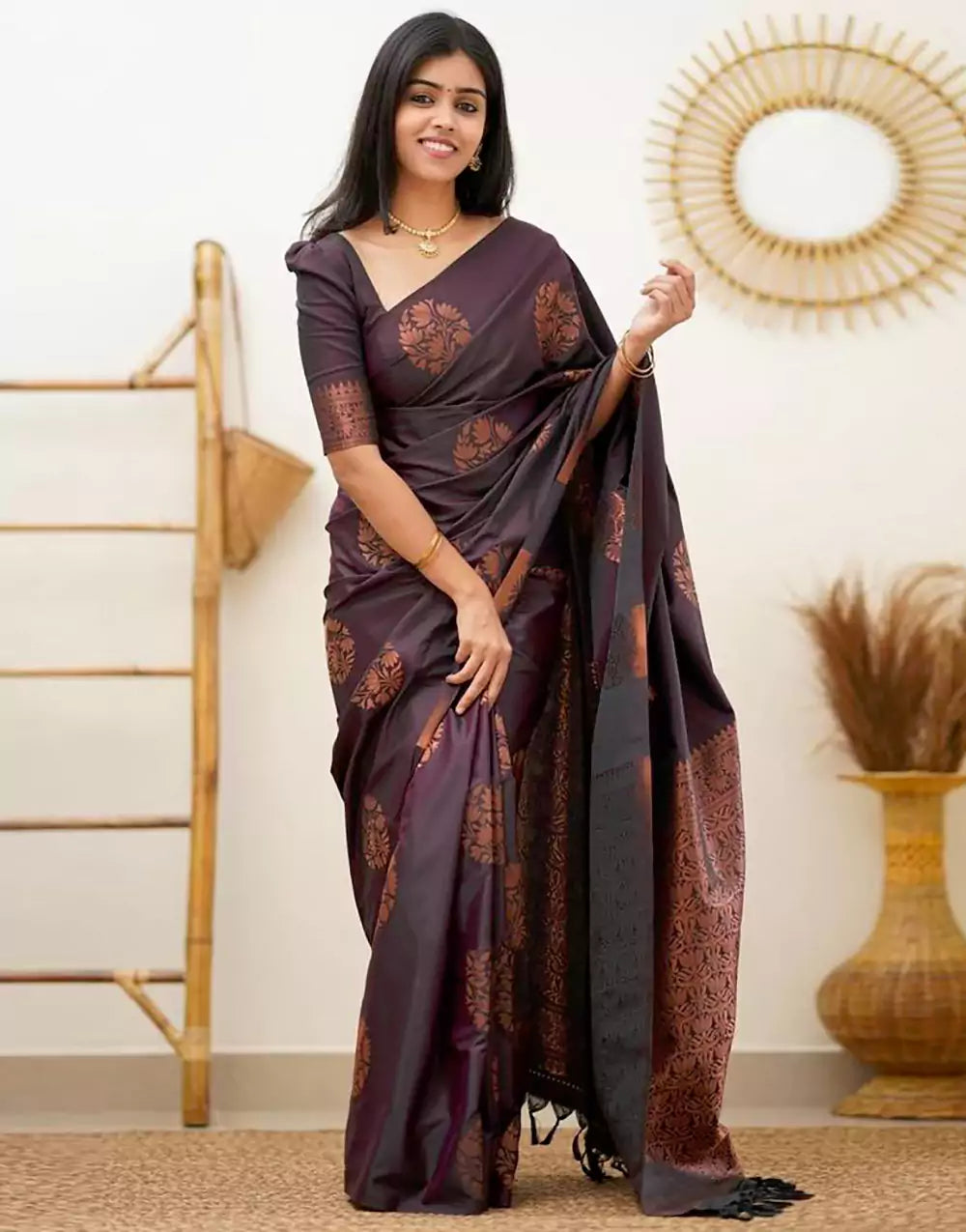 Fancy Wine Colour Banarasi Soft Silk Saree