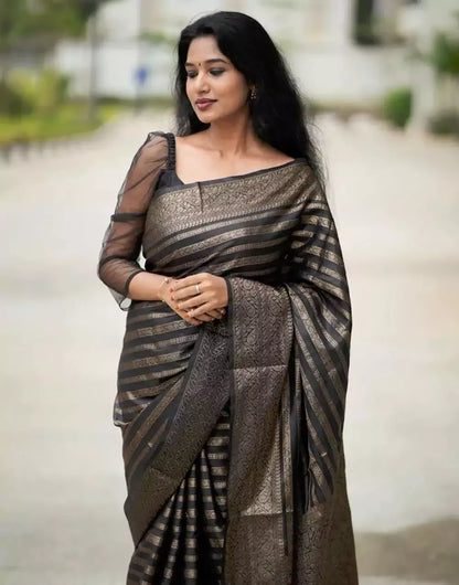 Black Colour Banarasi Soft Silk Saree With Zari Work