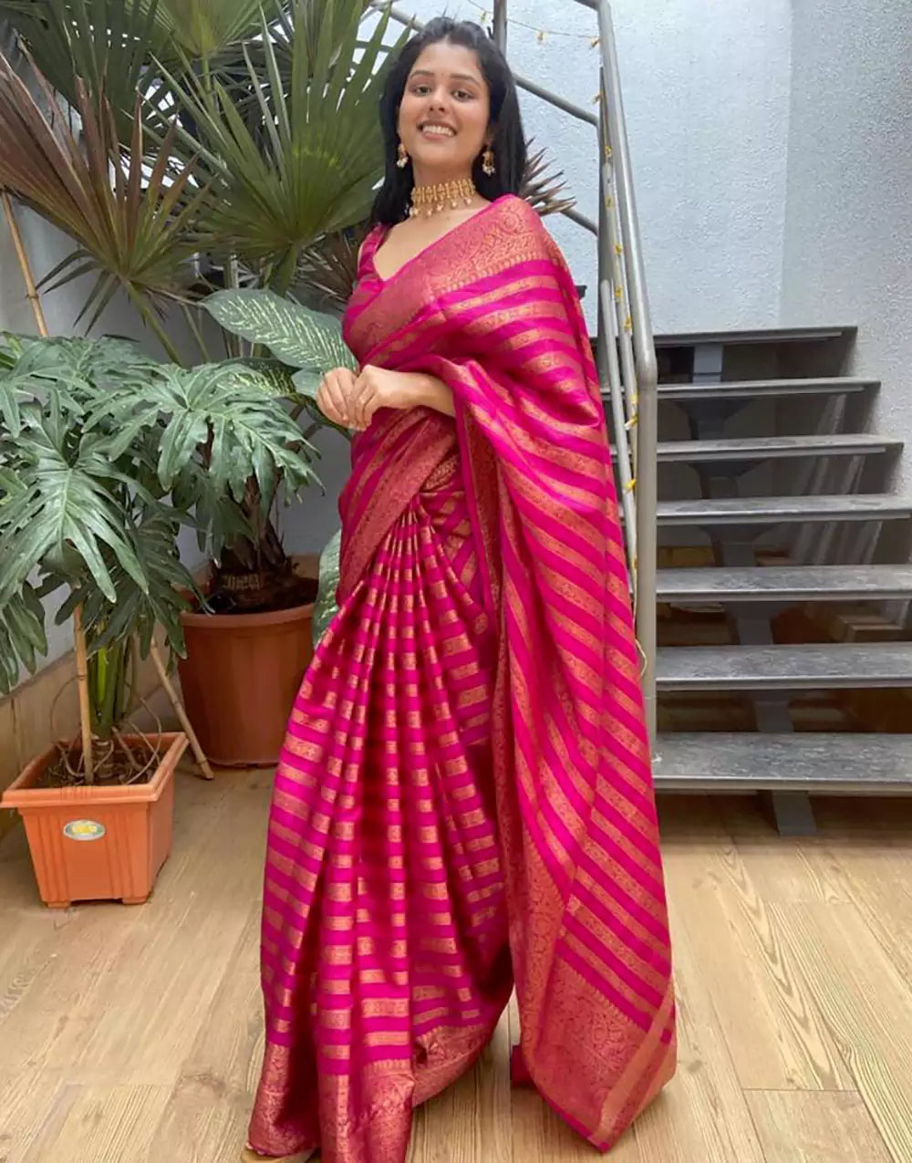 Latest Pink Soft Banarasi Silk Saree With Zari Weaving Work