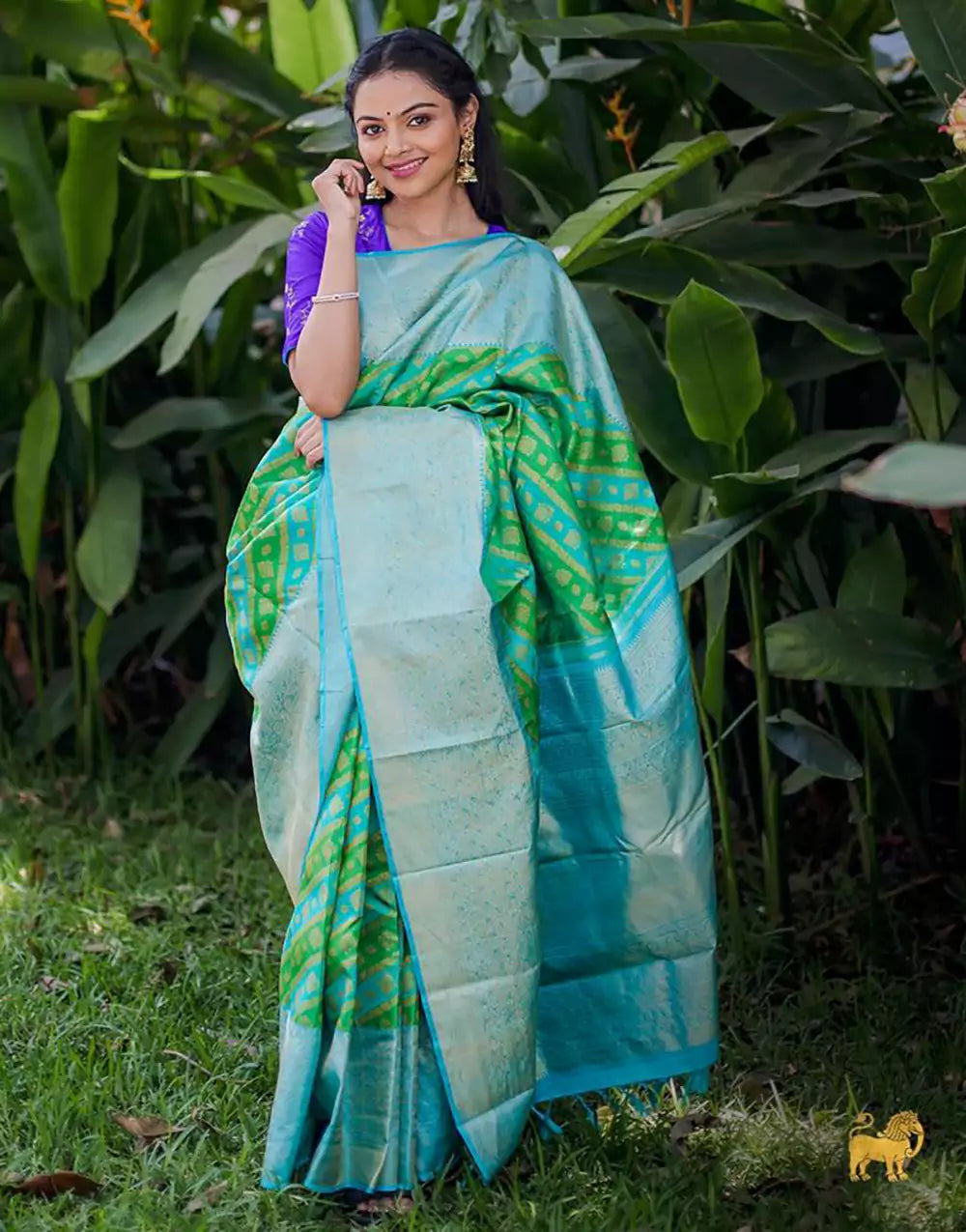 Green Colour Banarasi Soft Silk Sky Blue Border Saree