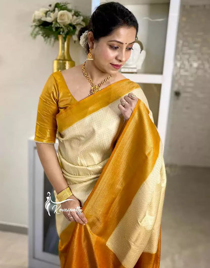 Beautiful Cream Colour Banarasi Soft Silk Saree