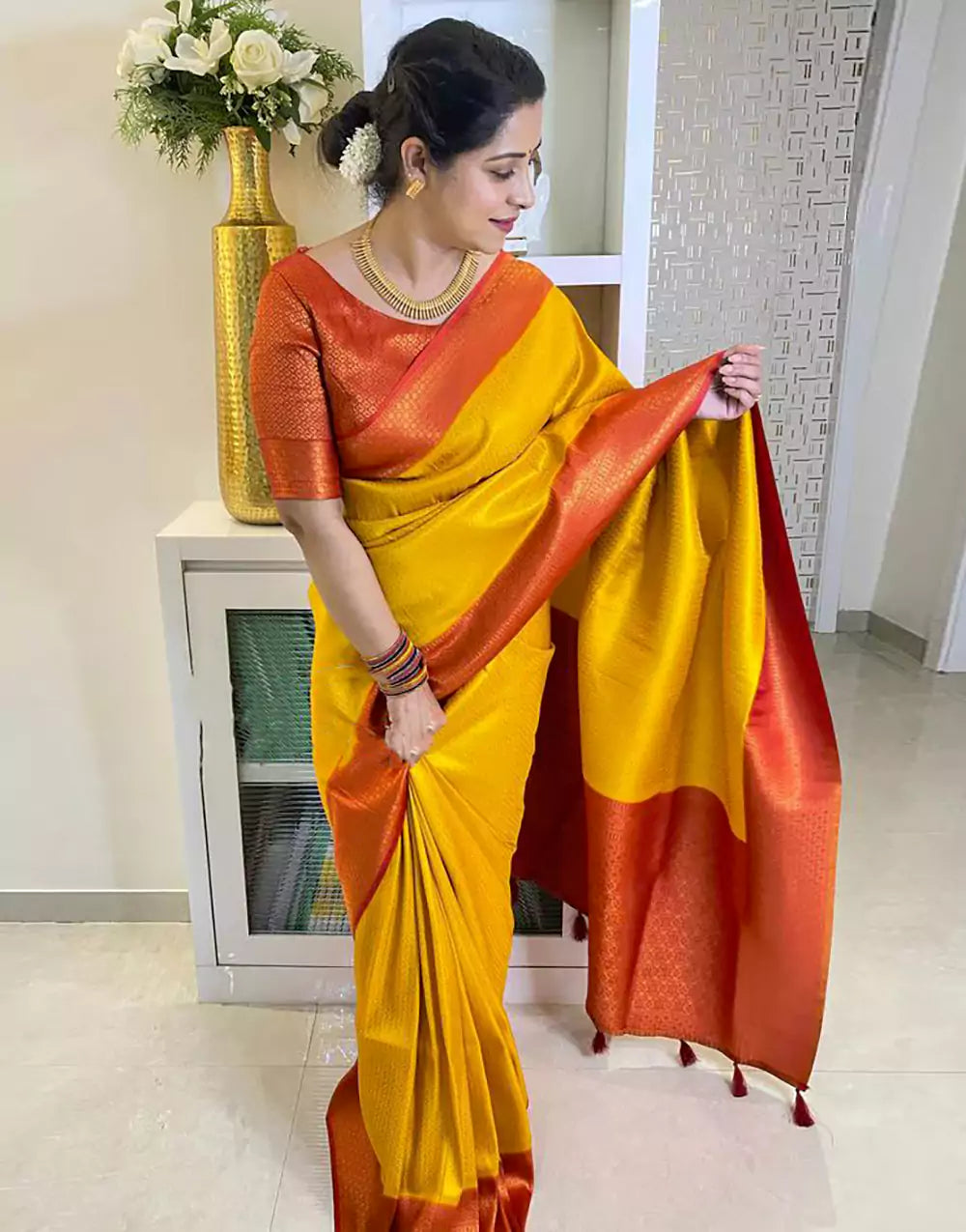 Yellow Colour Banarasi Soft Silk Saree With Orange Blouse