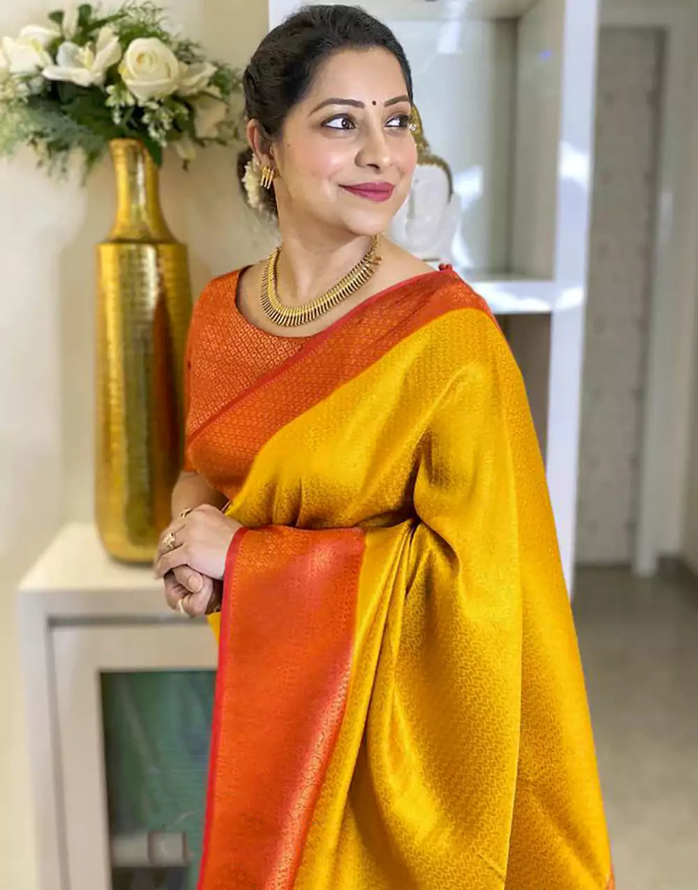 Yellow Colour Banarasi Soft Silk Saree With Orange Blouse