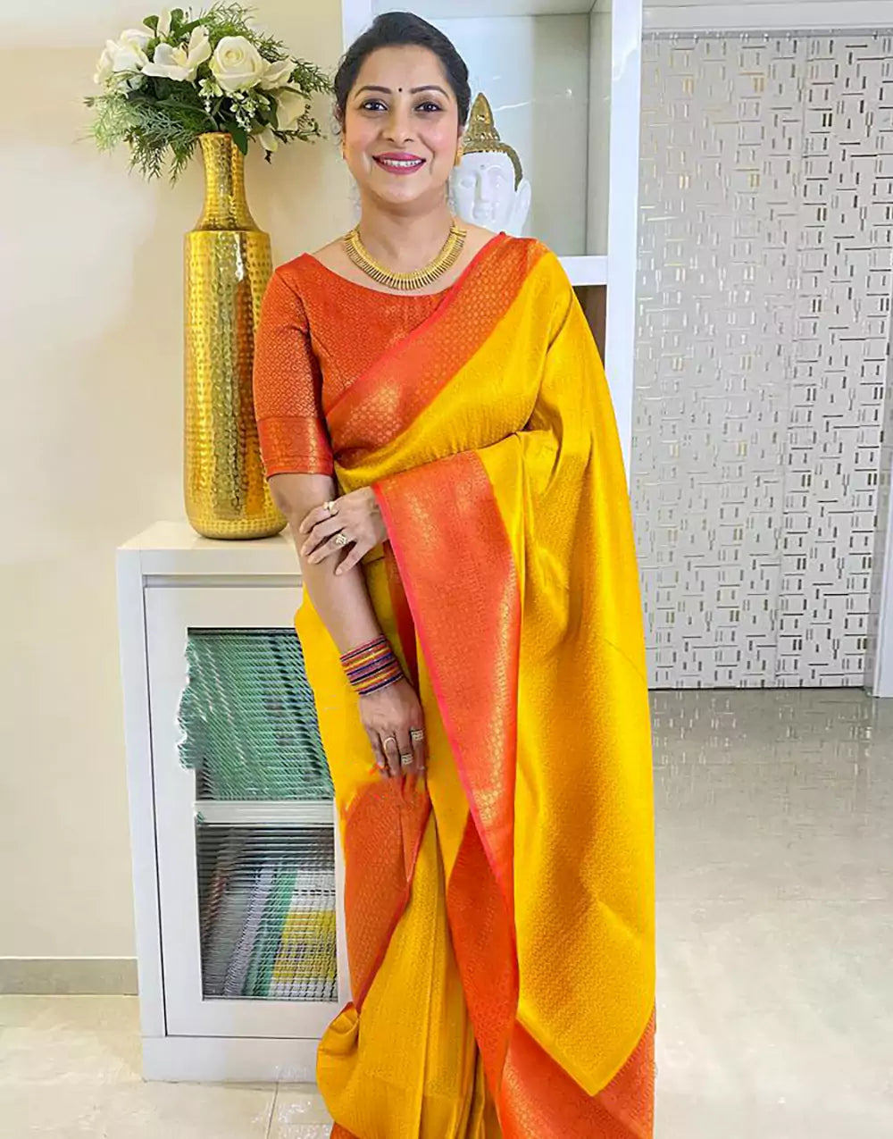 Yellow Colour Banarasi Soft Silk Saree With Orange Blouse