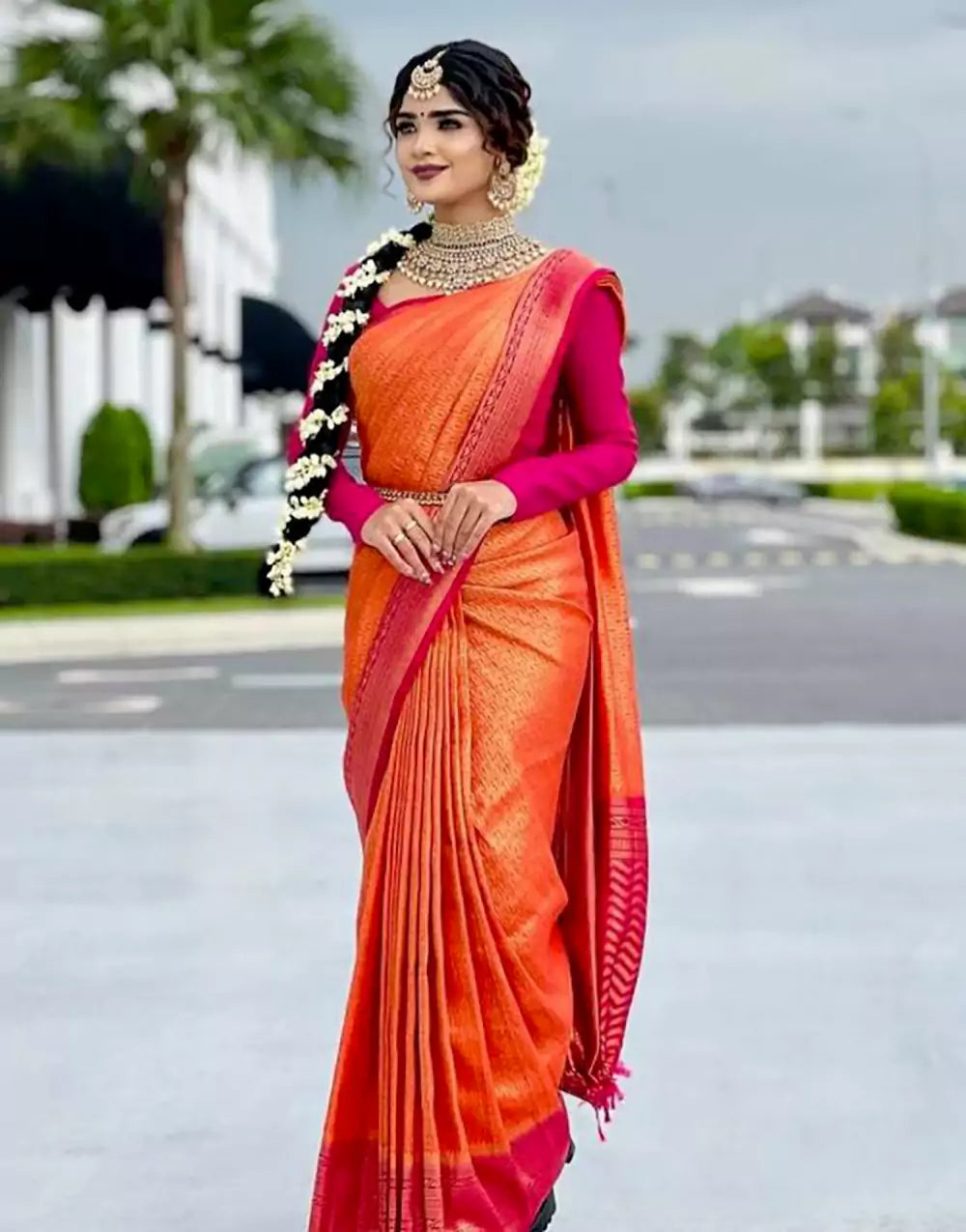 Orange Colour Banarasi Soft Silk Saree