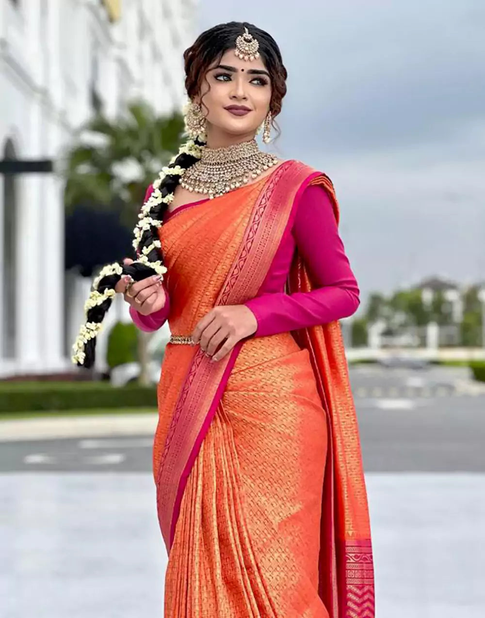 Orange Colour Banarasi Soft Silk Saree