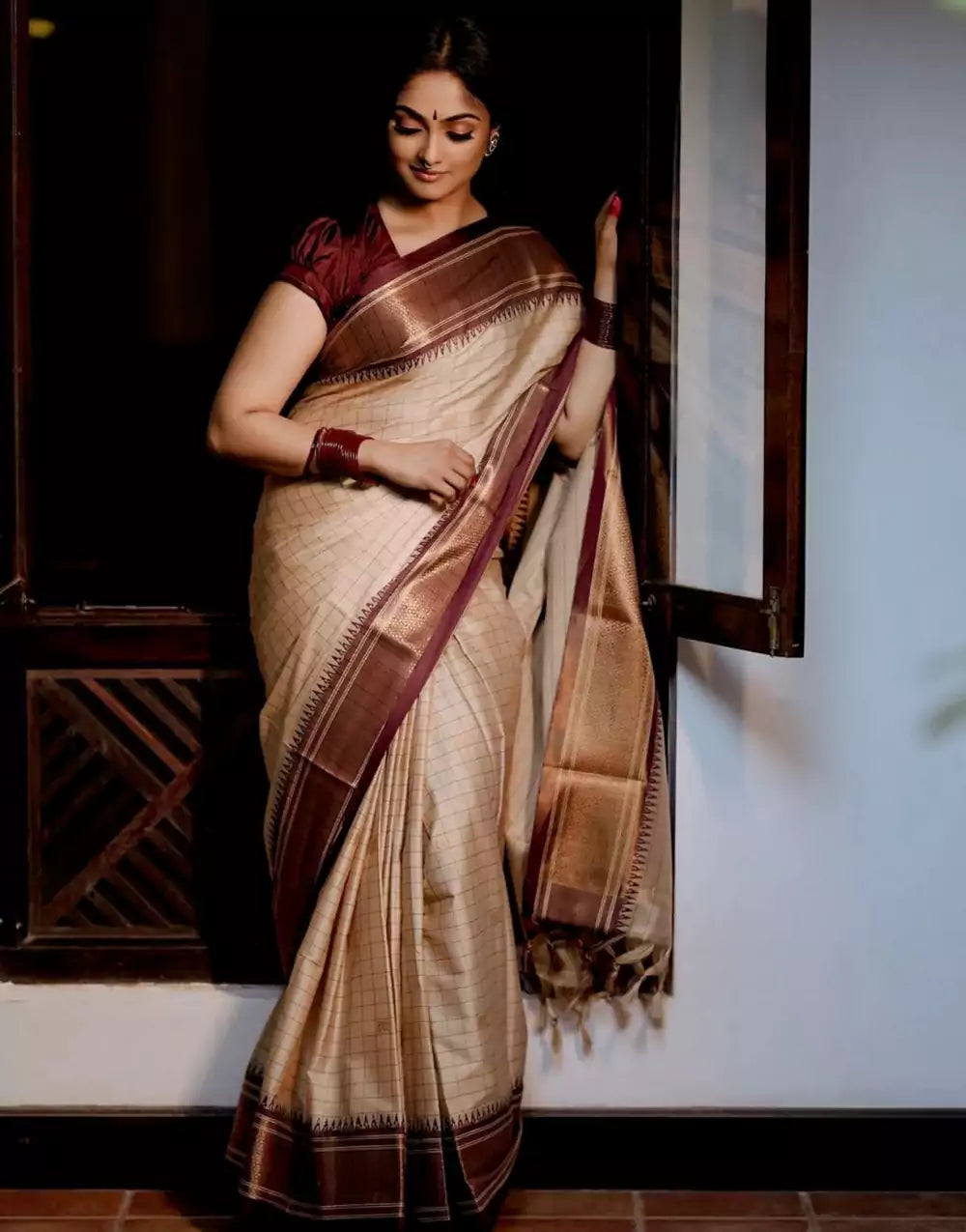 Cream Colour Checks Designer Banarasi Soft Silk Saree
