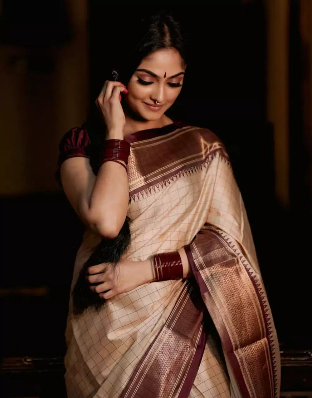 Cream Colour Checks Designer Banarasi Soft Silk Saree