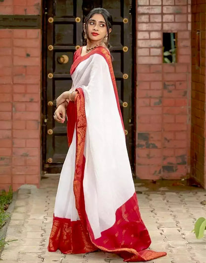 White Colour Banarasi Soft Silk Red Border Saree