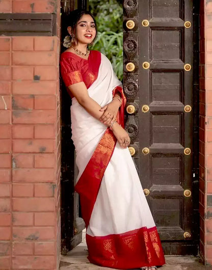 White Colour Banarasi Soft Silk Red Border Saree