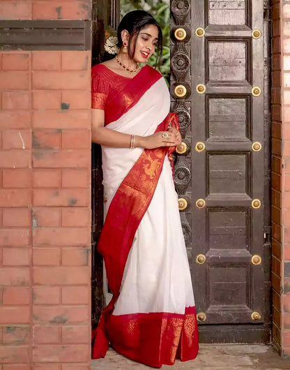 White Colour Banarasi Soft Silk Red Border Saree