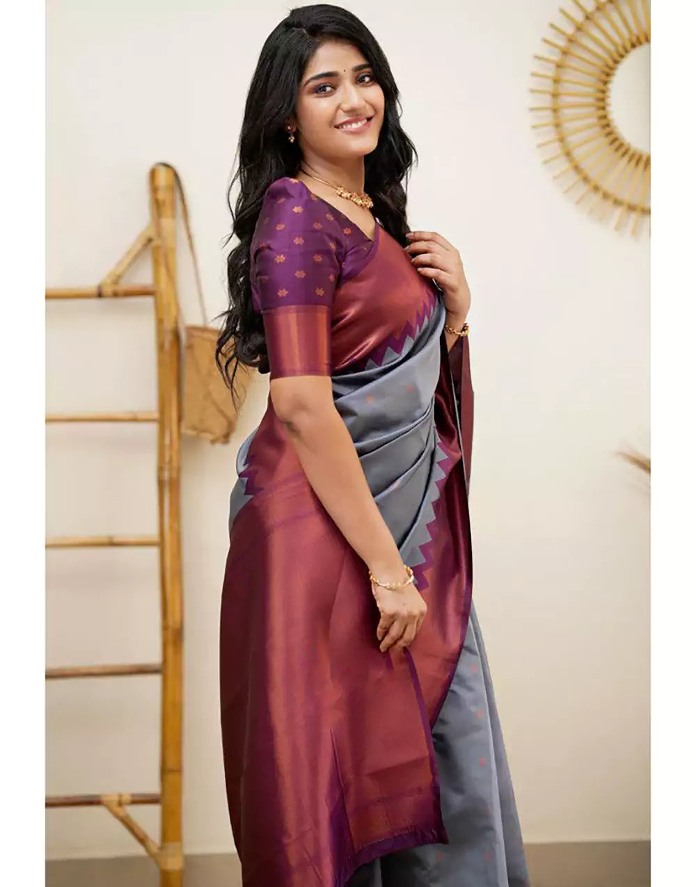 Fabulous Grey Colour Banarasi Soft Silk Saree