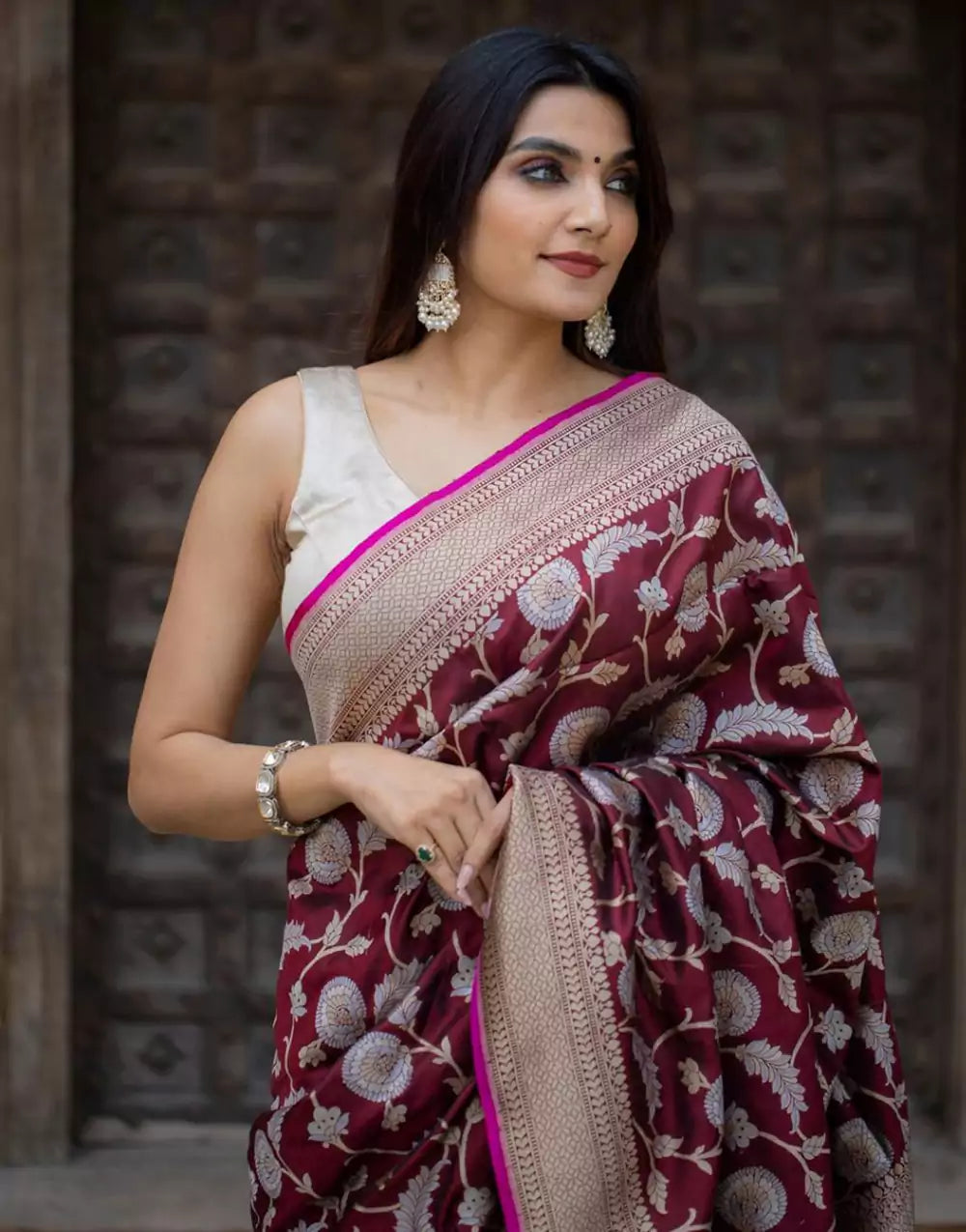 Maroon Colour Banarasi Soft Silk Saree With Blouse
