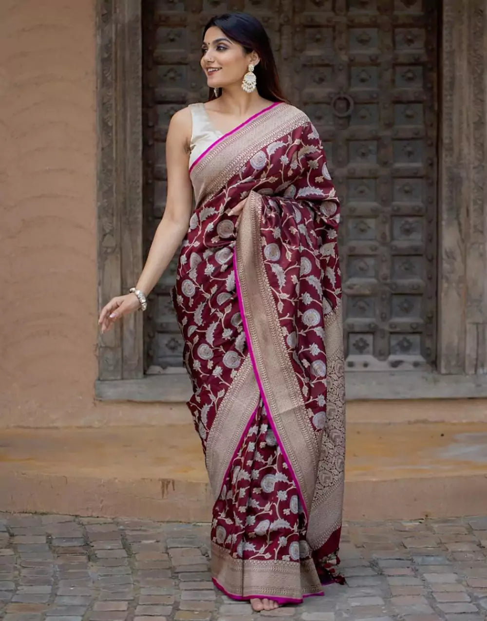 Maroon Colour Banarasi Soft Silk Saree With Blouse