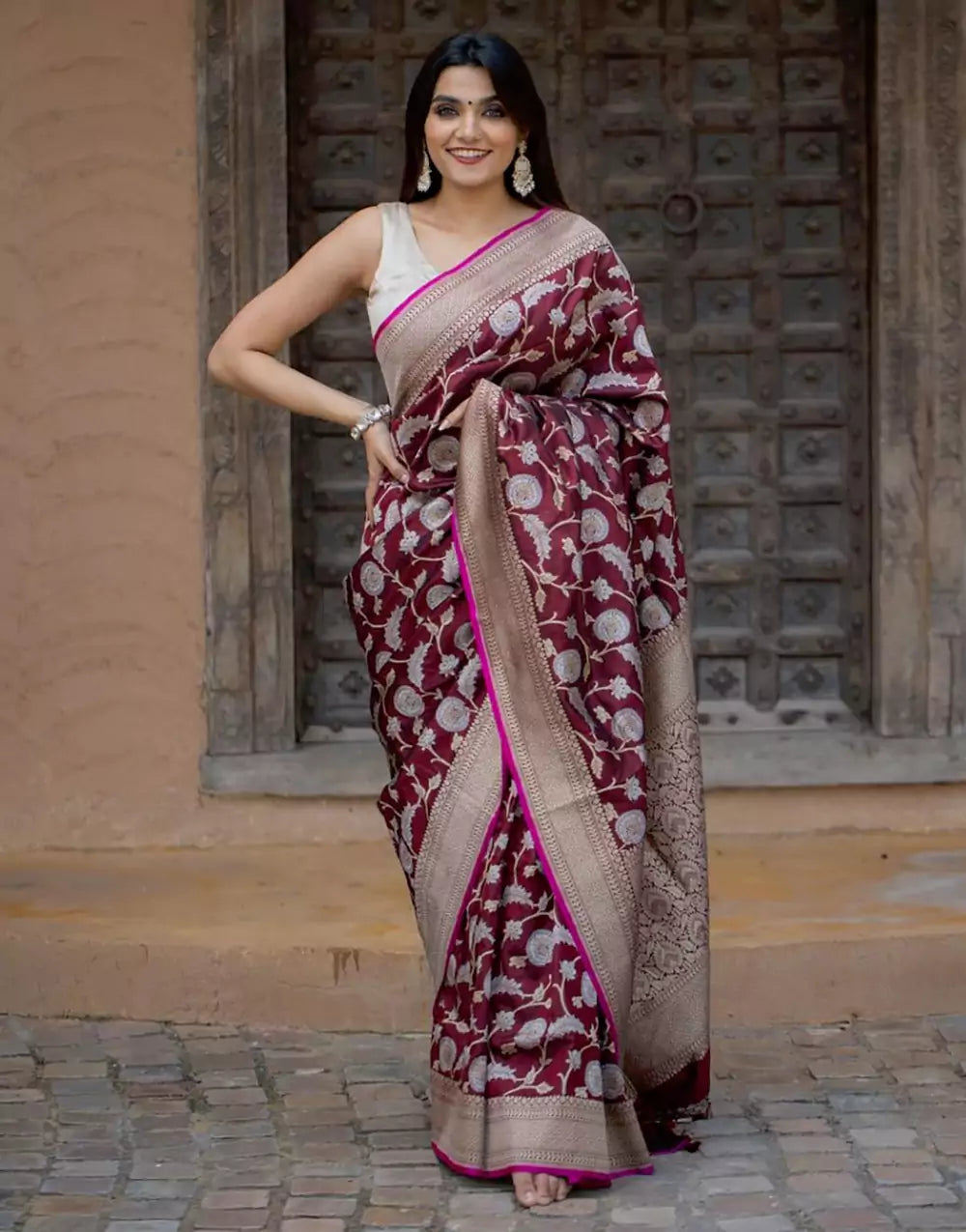 Maroon Colour Banarasi Soft Silk Saree With Blouse