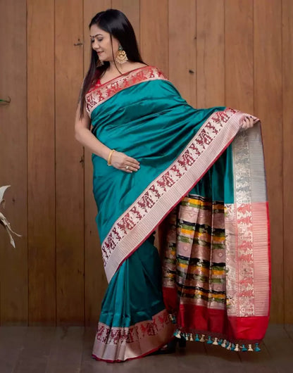 Teal Blue Colour Banarasi Soft Silk Saree