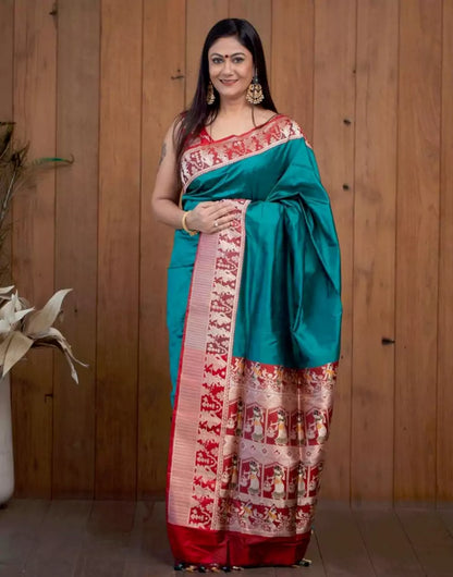 Teal Blue Colour Banarasi Soft Silk Saree