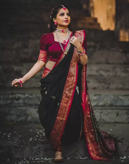 Black Colour Banarasi Soft Silk Pink Border Saree