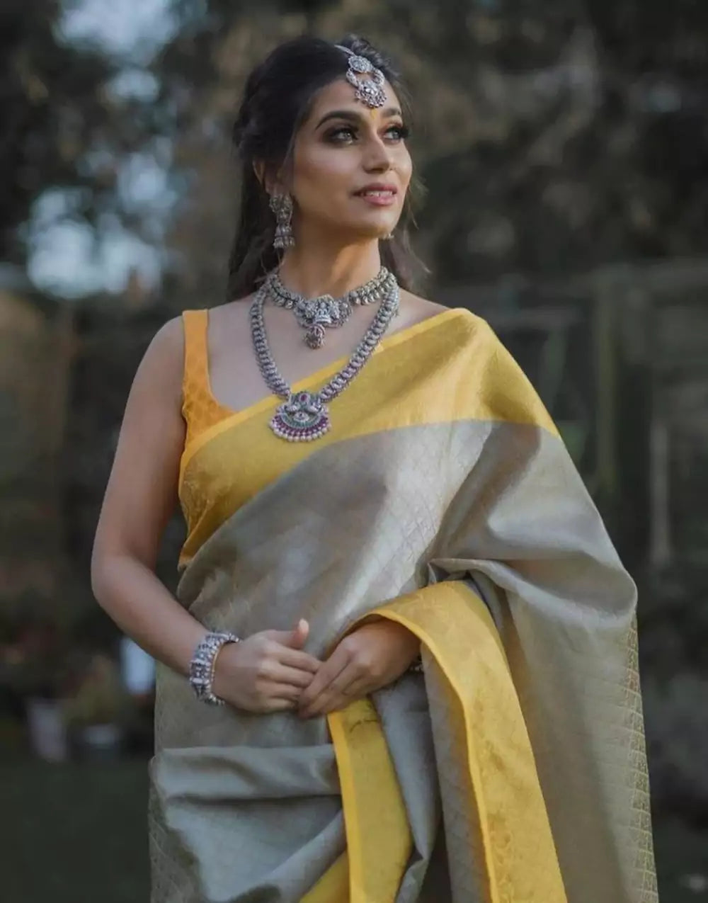 Grey Colour Banarasi Soft Silk Saree With Yellow Border