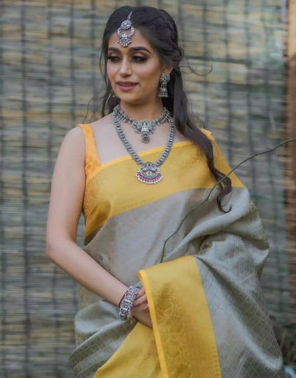 Grey Colour Banarasi Soft Silk Saree With Yellow Border