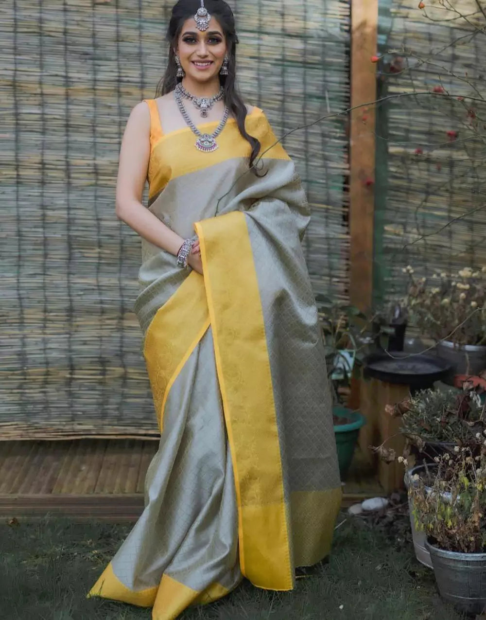 Grey Colour Banarasi Soft Silk Saree With Yellow Border