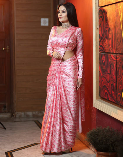 Pink Colour Satin Silk Saree With Digital Print