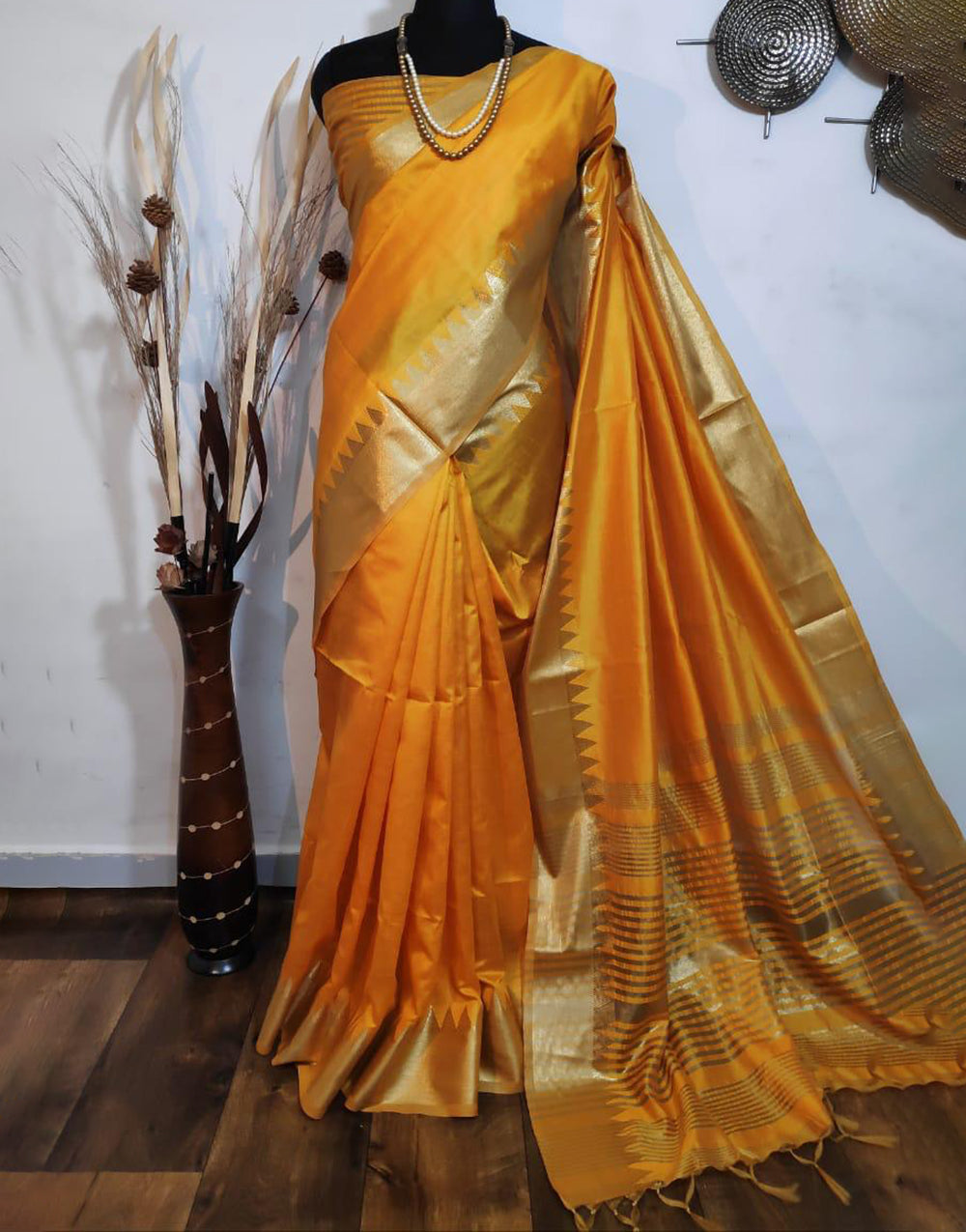 Fire Yellow Aasam Silk Saree With Blouse