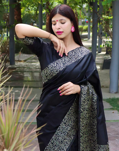 Black Raw Silk Saree With Handloom Weaving Work