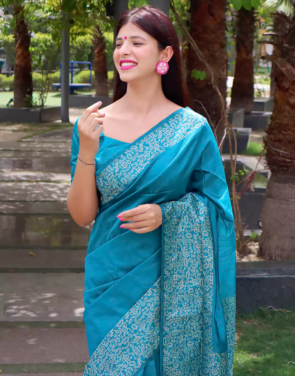 Firozi Color Raw Silk Saree With Printed Work