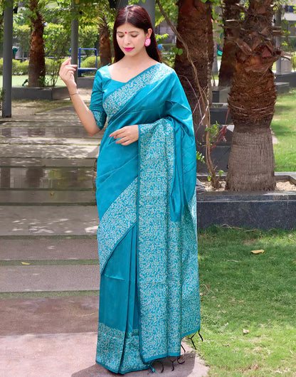 Firozi Color Raw Silk Saree With Printed Work