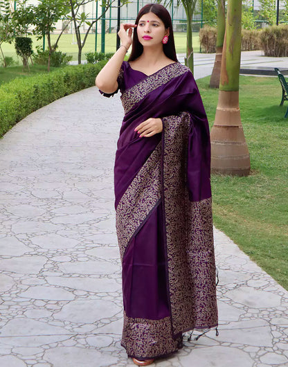 Dark Purple Raw Silk Saree With Handloom Weaving Work