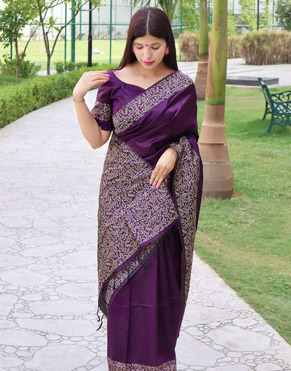 Dark Purple Raw Silk Saree With Handloom Weaving Work