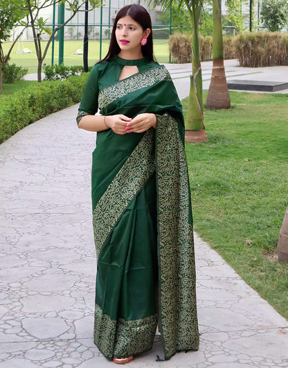 Green Raw Silk Saree With Handloom Weaving Work