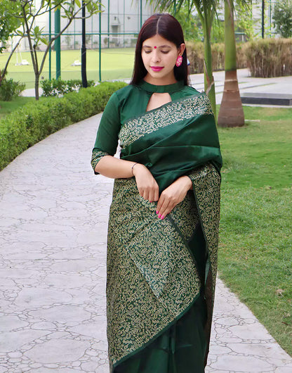 Green Raw Silk Saree With Handloom Weaving Work