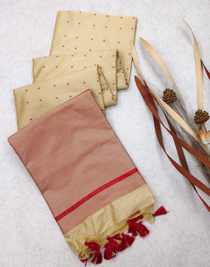 Off White Tussar Silk Saree With Zari Linning Pallu & Blouse