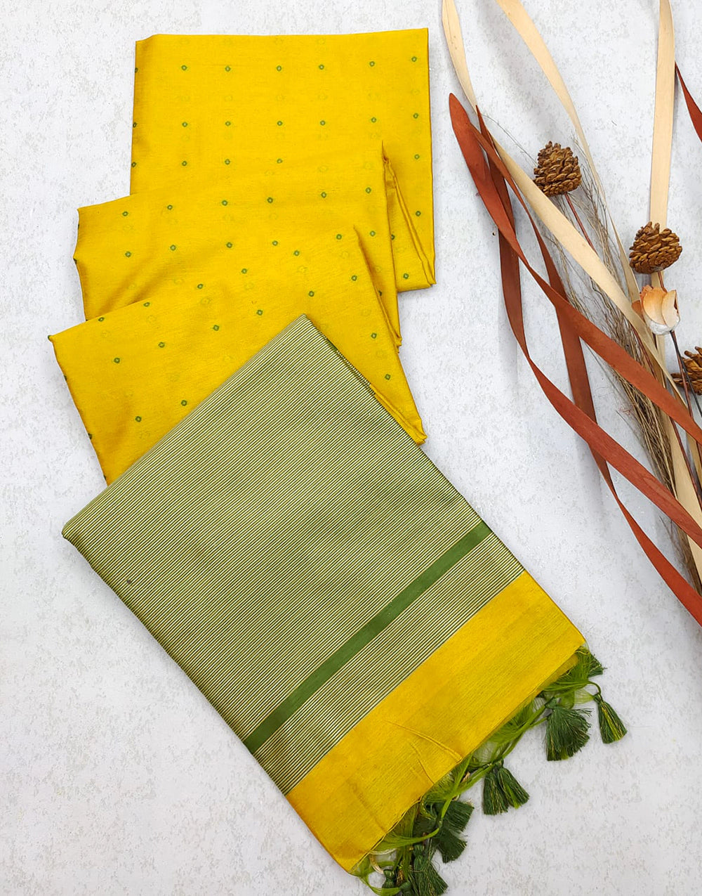 Yellow And Green Colour Semi Tussar Silk Saree With Blouse