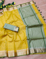 Yellow And Green Colour Semi Tussar Silk Saree With Blouse