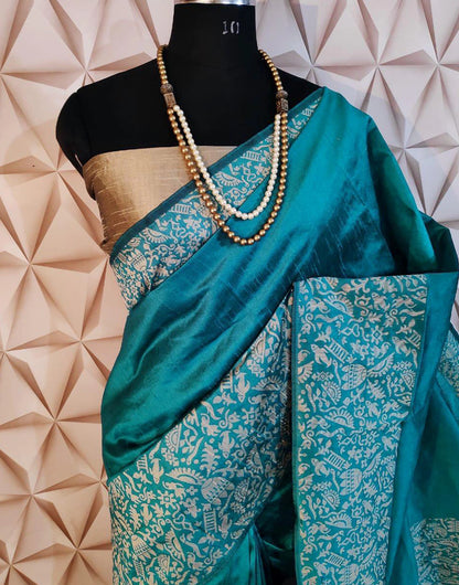 Firozi Bangalori Handloom Silk Saree With Rich Pallu