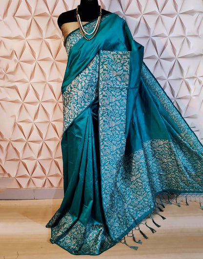 Firozi Bangalori Handloom Silk Saree With Rich Pallu