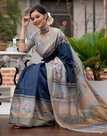 Navy Blue Colour Soft Tussar Silk Saree With Zari Border