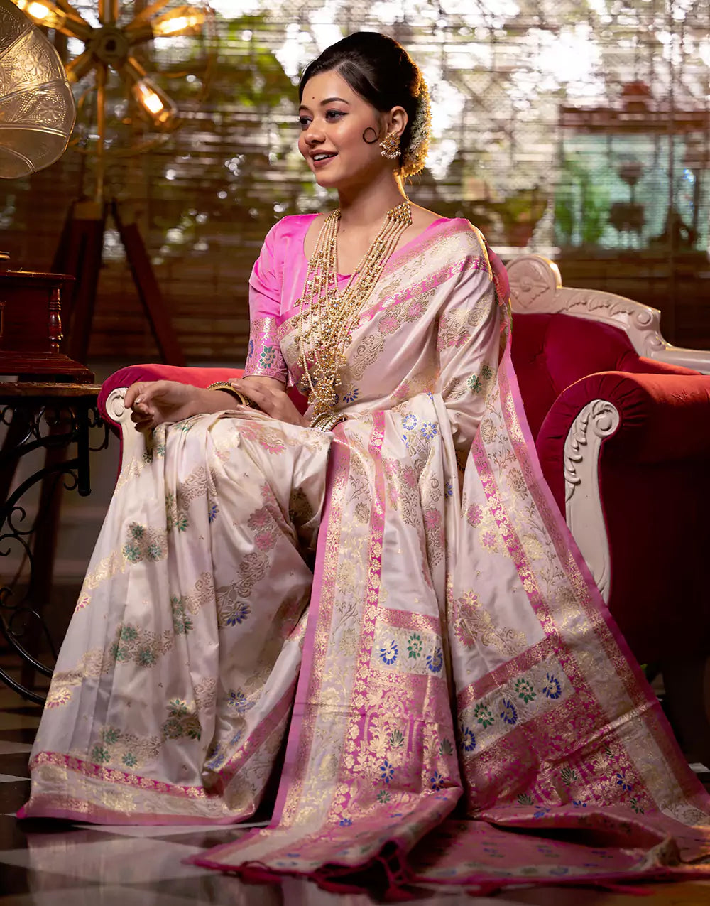 Baby Pink Soft Banarasi Silk Saree With Weaving Work