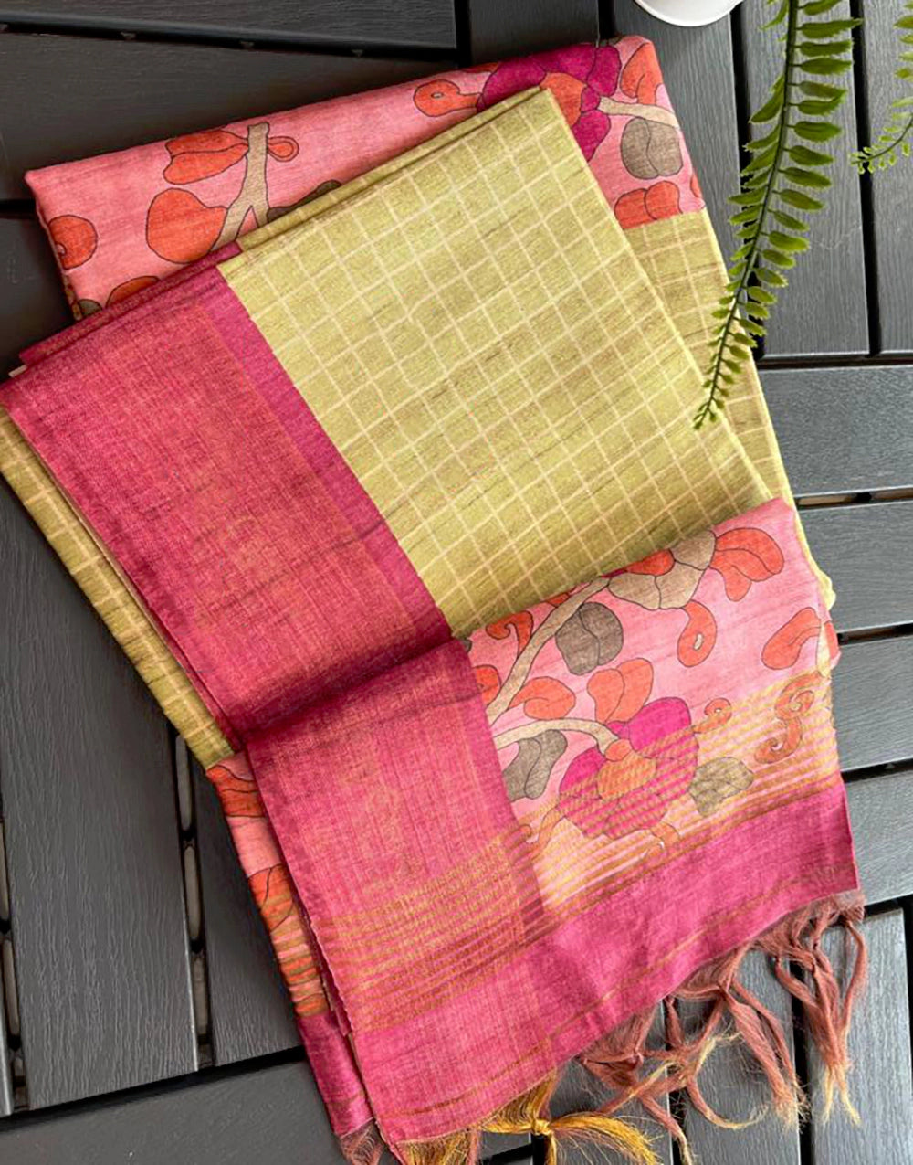 Pink yellow Colour Tussar Print Soft Saree with all Over Beautiful Print