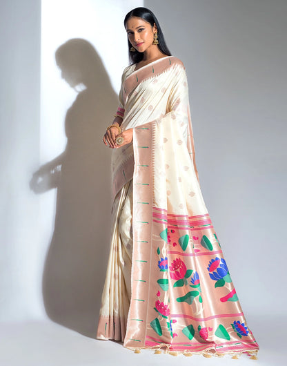 Stylish Cream Paithani Silk Saree With Weaving Work